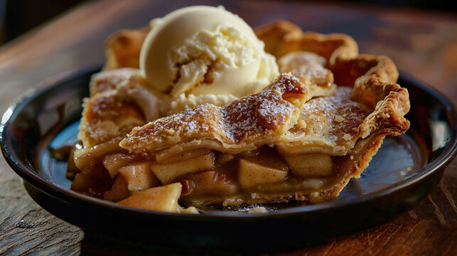 Apple pie with vanilla ice cream on a dark plate. Generative AI image