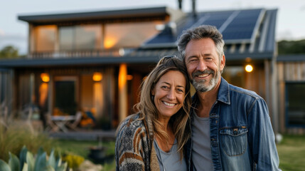 Smiling Couple Embracing in Front of Eco-Friendly Home at Sunset
