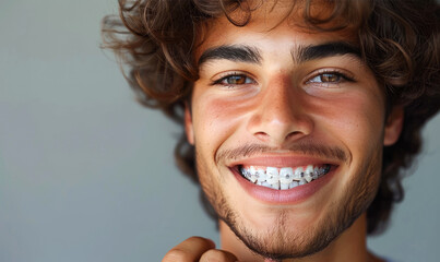 A smiling young man with transparent correctional braces - obrazy, fototapety, plakaty