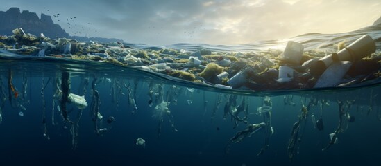 The ocean water is contaminated with various discarded plastic items causing harm to marine life