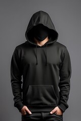 Front view of a black hooded sweatshirt on a gray background, Mock up