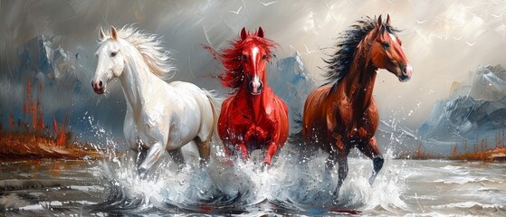 Modern painting, abstract, metal elements, texture background, horses, animals. - obrazy, fototapety, plakaty