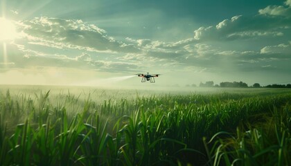 A drone spraying a field of crops by AI generated image - obrazy, fototapety, plakaty