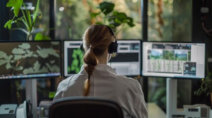 A woman sitting at a desk, using AI technology to monitor and analyze environmental data on multiple computer monitors
