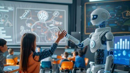 A young girl reaching out to a robot in a classroom setting. The robot appears to be part of an AI-powered virtual assistant aiding students with personalized learning