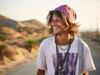 A man with long hair and a pink hat is smiling