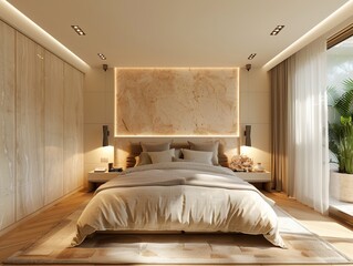 There is a large bed with banner painting, light white and beige
