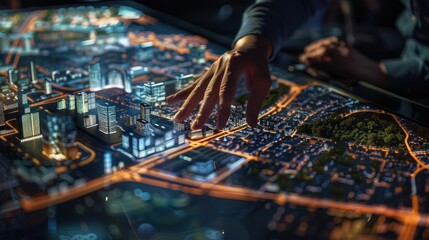 A persons hand rests on top of a detailed model of a city, showcasing urban planning and smart city...