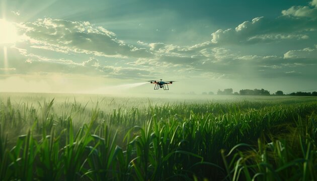 A drone spraying a field of crops by AI generated image