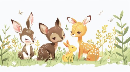 Obraz na płótnie Canvas In minimalist style, baby animals are portrayed exploring spring fields..jpeg