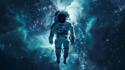 An astronaut in a spacesuit floating weightlessly in space, surrounded by stars and a distant nebula - obrazy, fototapety, plakaty