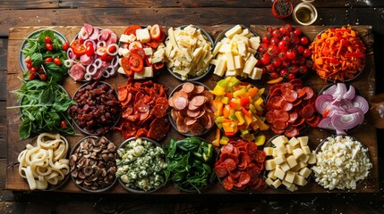 A vibrant assortment of colorful pizza toppings like vegetables, pepperoni, or other ingredients displayed on a rustic wooden board - obrazy, fototapety, plakaty