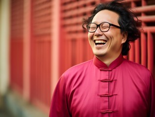 Obraz premium A man in a red shirt is smiling and laughing