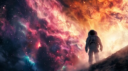A man stands on a hill, gazing at a sky filled with stars and a nebula, capturing the awe-inspiring view