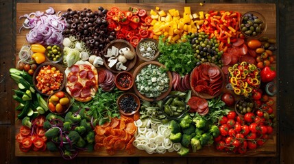 Fototapeta premium A vibrant assortment of colorful pizza toppings like vegetables, pepperoni, or other ingredients displayed on a rustic wooden board