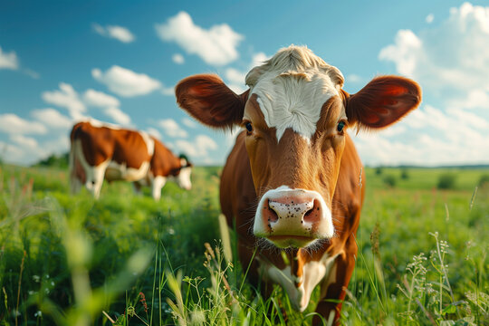 Curious cow in a green pasture under blue sky. Generative AI image
