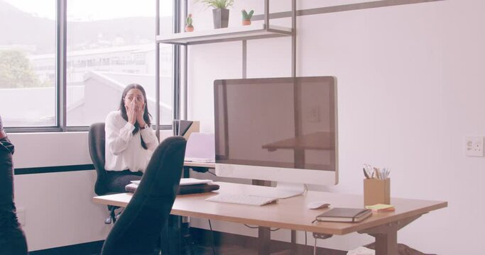 Hammer, business man and destroy computer for stress, depression or frustrated at fail. Office, burnout and worker smash desktop technology on monitor screen for anger, error and disaster breakdown