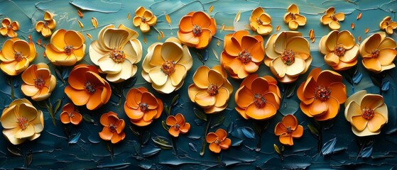 Painting technique using oil. Flowers and leaves. The future is stylish on paper. Luminous golden texture. Prints, wall papers, posters, cards, murals, carpets, decorations, wall paintings,