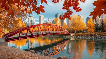 Calgary, AB, Canada - OCT 08 2020 : Prince's Island Park Peace bridge. Autumn foliage scenery in downtown Calgary Bow river bank. - obrazy, fototapety, plakaty