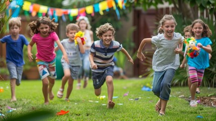 Obraz na płótnie Canvas Children at a birthday party run through a yard, playing and having fun together