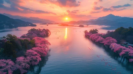 Fototapeten sunset over the sea, Springtime Sakura Bliss Mountain and Sea Sakura s cherry blossom in the city © Goodmood