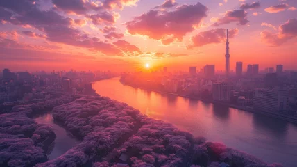 Wandcirkels plexiglas Springtime Sakura Bliss Mountain and Sea Sakura s cherry blossom in the city © Goodmood