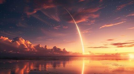 Witness the spectacular liftoff of a rocket as it ascends into the evening sky amidst the vibrant hues of the setting sun