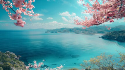 Fototapeta na wymiar Springtime Sakura Bliss Mountain and Sea Sakura s cherry blossom in the city