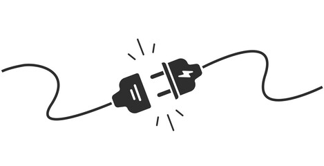Electric plug socket connect disconnect cable wire icon simple graphic illustration, idea of error failure 404 web page black white, electricity energy power cut, circuit network stop working image