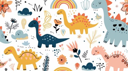 A cute kawaii design with dinosaurs, clouds, flowers, trees, rainbows and dinosaur patterns. Minimalistic illustration style similar to Crayon doodle drawing artwork