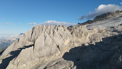 Aerial of the Marmolada mountain peak of the Dolomites range in northeastern Italy