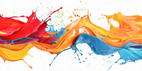 A dynamic and colorful display of paint splashes in red, blue, and orange, blending together in a lively and artistic expression.