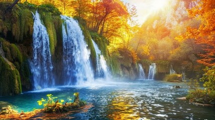 Captivating evening view of pure water waterfall in Plitvice National Park. Spectacular autumn sunset in Croatia, Europe. Beauty of nature concept background.
