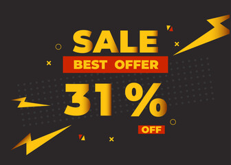 31% off sale best offer. Sale banner with thirty one percent of discount, coupon or voucher vector illustration. Yellow and red template for campaign or promotion.