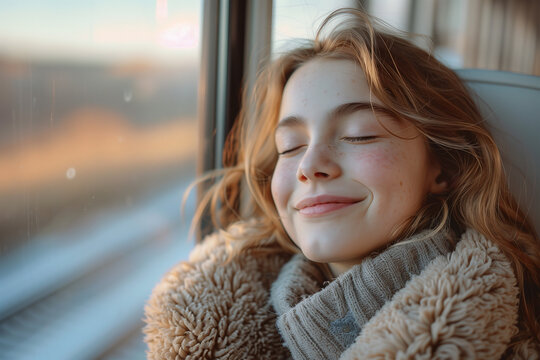 Serene young woman enjoying a sunny window seat. Generative AI image