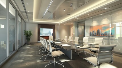 A state-of-the-art conference room featuring a large table surrounded by chairs, equipped with the latest digital presentation tools