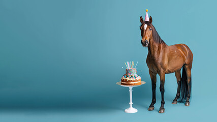 A horse wearing a birthday hat in front of a birthday cake isolated on blue background