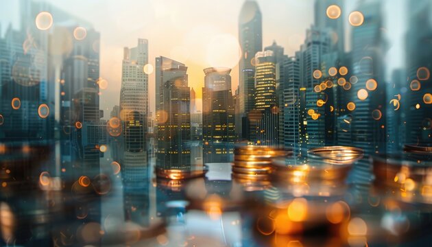 A city skyline with a view of a large building and a large number of coins by AI generated image