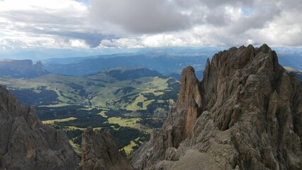 Aerial view of the mountain peaks of the Dolomites in Italy
