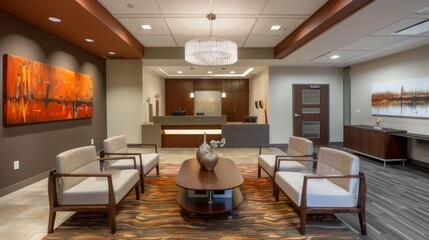 A living room filled with furniture, featuring a large painting on the wall as the focal point