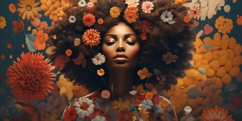 African woman with an aura of serenity, surrounded by a halo of colorful blooms, a true embodiment of natural grace. - obrazy, fototapety, plakaty