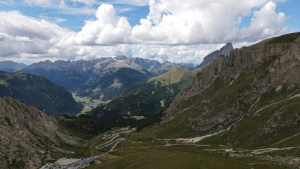 Aerial view of the mountain peaks of the Dolomites in Italy