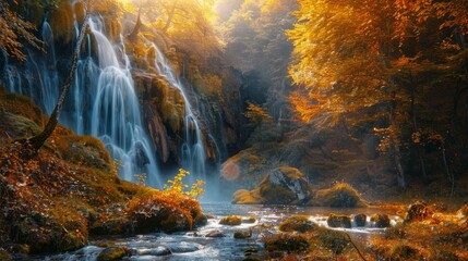 Colorful autumn waterfall landscape. Autumn colors in beautiful nature. Forest view in fall season. - obrazy, fototapety, plakaty