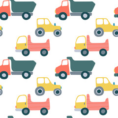 Vector transport seamless pattern. Yellow tractor and trucks flat style on white background