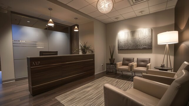 A modern office reception area with sleek chairs and a desk