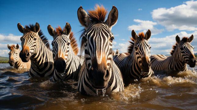 Zebras in water with golden light reflections. Generative AI image