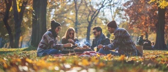 An afternoon picnic with a group of friends in a park on a sunny day - People are having a good time grilling and relaxing together - obrazy, fototapety, plakaty