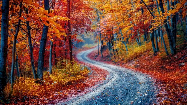 Colorful trees and footpath road in autumn landscape in deep forest. The autumn colors in the forest create a magnificent view. autumn view in nature. Domanic, Bursa, Turkey 