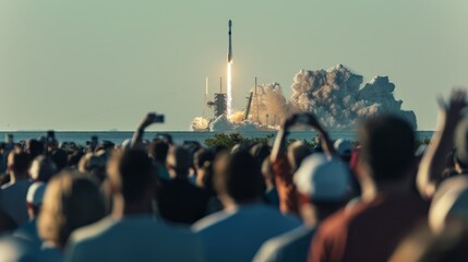 A crowd of people, including families and space enthusiasts, gather to watch a rocket launch with excitement and anticipation - Powered by Adobe