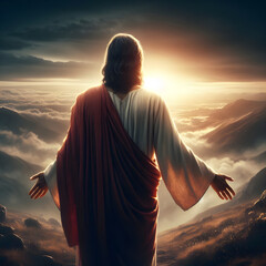 Jesus walking in glory, back view - obrazy, fototapety, plakaty